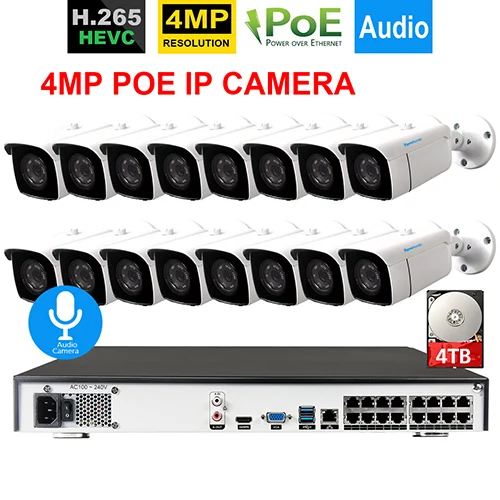 16 Bullet Camera TOPROHOMIE H.265+ 4K 16CH 5MP POE сетевой видеорегистратор 48V 4.0MP POE системы видеонаблюдения и безопасности комплект IP66 камера аудио камера 4 ТБ - Цвет: 16 Bullet Camera