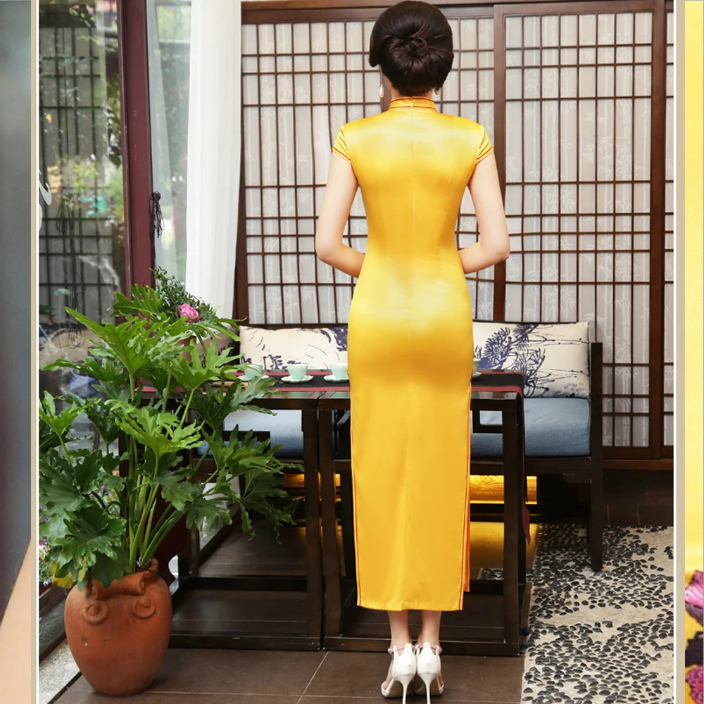 Новый китайский стиль cheongsam улучшенные Повседневные Вечерние ярко желтая