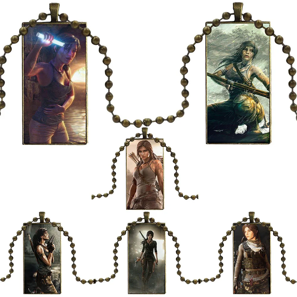 Винтажные украшения с стеклянным кабошоном на шейку из нержавеющей стали и длинным прямоугольным подвесом на ожерелье для женщин и детей, игра "Tomb Raider: Лара Крофт".