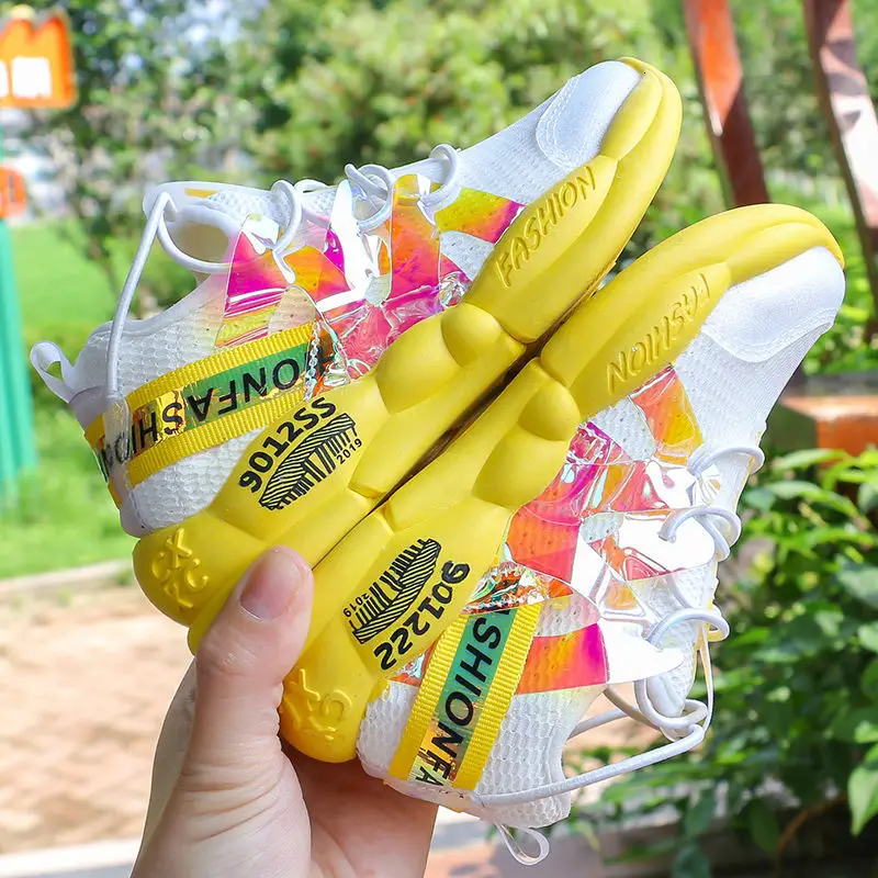 Красивая повседневная детская обувь; сетчатые дышащие кроссовки для бега; нескользящая легкая спортивная детская повседневная обувь для девочек и мальчиков - Цвет: A26 yellow