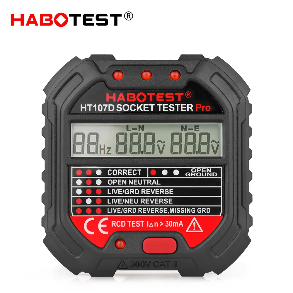 

Habotest HT107 Socket Tester Pro Voltage Test RCD 30mA Socket Detector UK EU Plug Ground Zero Line Plug Polarity Phase Check