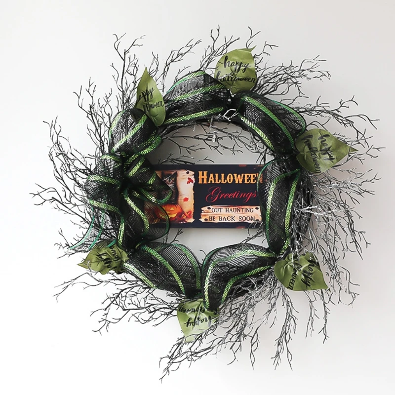 

20 Inch Happy Halloween Sign Artificial Wreath Leaf Ribbon Ornaments for Front Door Windows Fireplaces Wall Hanging Decorations