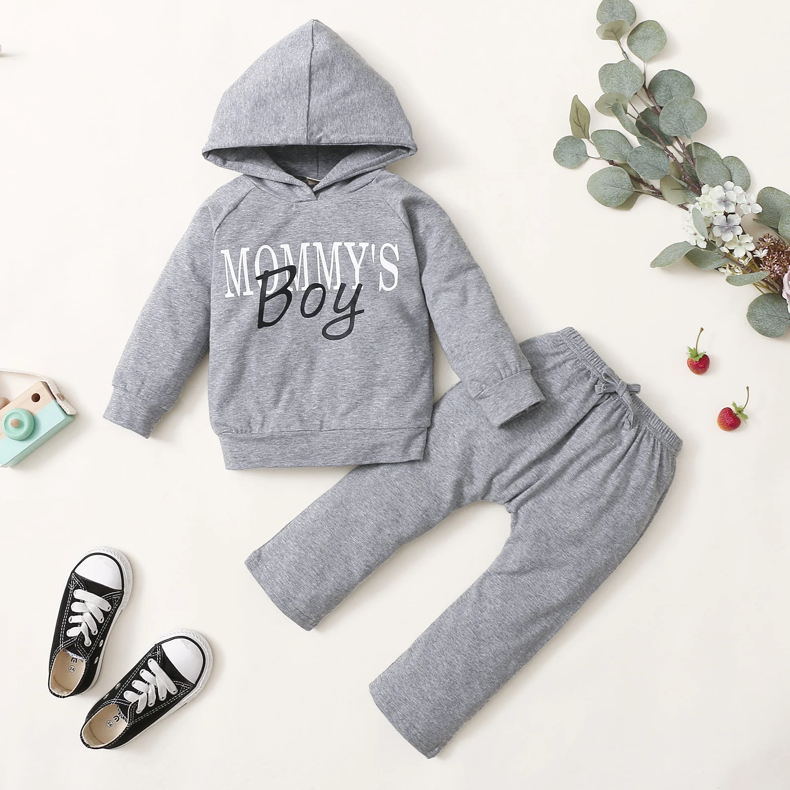 

2Pcs Kids Tracksuits, Letters Print Hooded Long Sleeves Sweatshirt + Elastic Waist Casual Pants for Boys, Gray, 1-5 Years