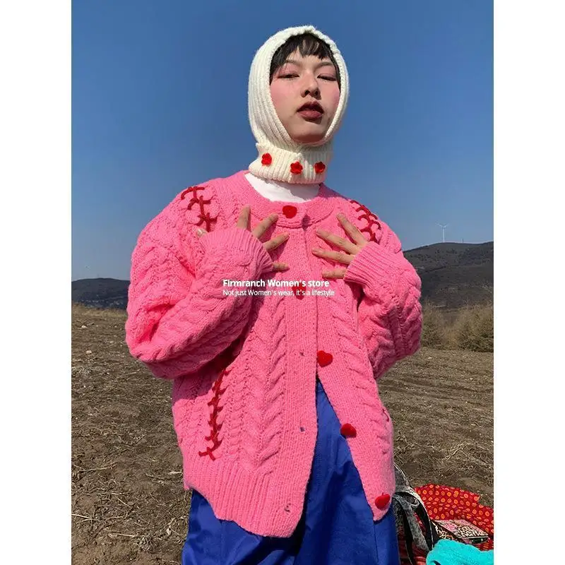 

Firmranch Pink/Blue/Purple Vintage 90 s Sweater Velvet Love Button Retro Cardigan Sweet Autumn/Winter Twist Jumpers Christmas