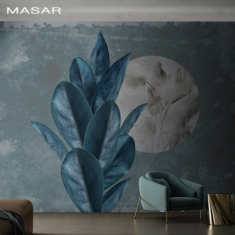 

MASAR Large plant dark blue leaf mural living room dining hall hallway bedroom background wall wallpaper The Image
