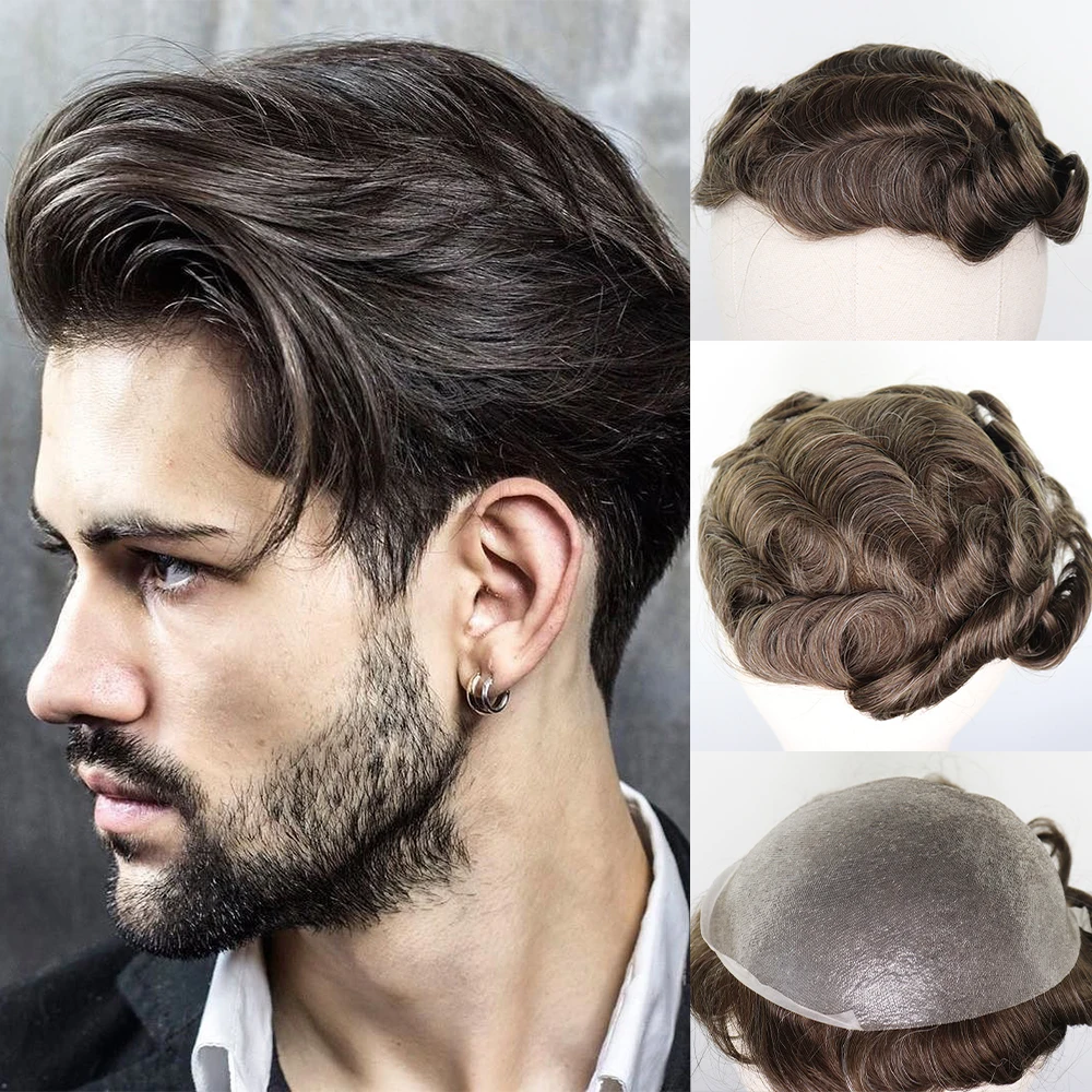 YY парики для мужчин коричневый смешанный серый Реми человеческие волосы #610