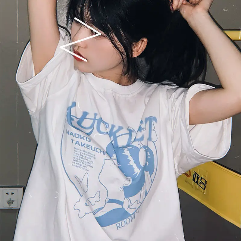 

Cotton O neck short-sleeved T-shirt women clothes summer Korean cartoon print casual vintage tshirt loose half-sleeved top titan