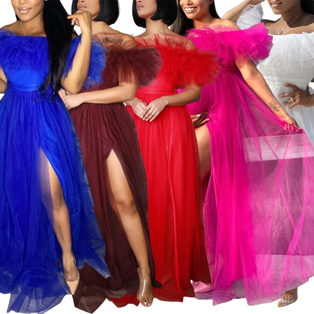 

Zoctuo Birthday Party Dresses For Women Mesh Girls Short Sleeve Princess Dress Elastic Waist High Slit Floor Length Hem Vestidos