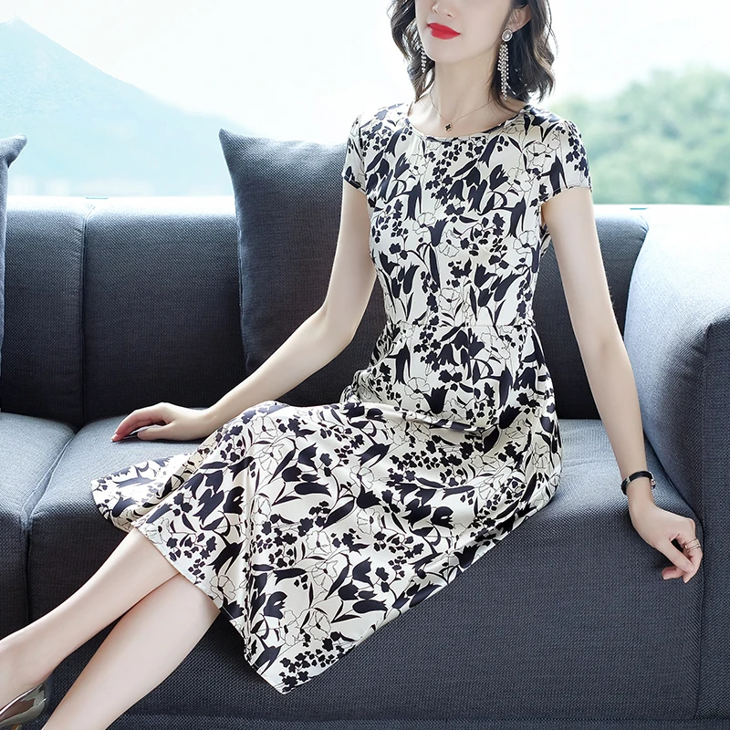

2022 Elegant Black Print Whtie Natural Silk Midi Dress Summer Vintage Casual Sundress Women Bodycon Party Evening Vestidos