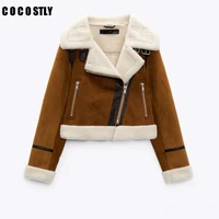 new za women jackets fashion thick warm winter fur faux leather cropped jacket coat vintage long sleeve female outerwear tops