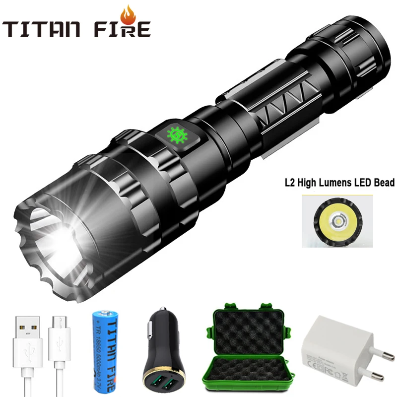 T20 LED Flashlight Rechargeable L2 High Lumens LED Tactical Torch Waterproof 5 Modes  Dropshipping Camping Hiking Light Lantern