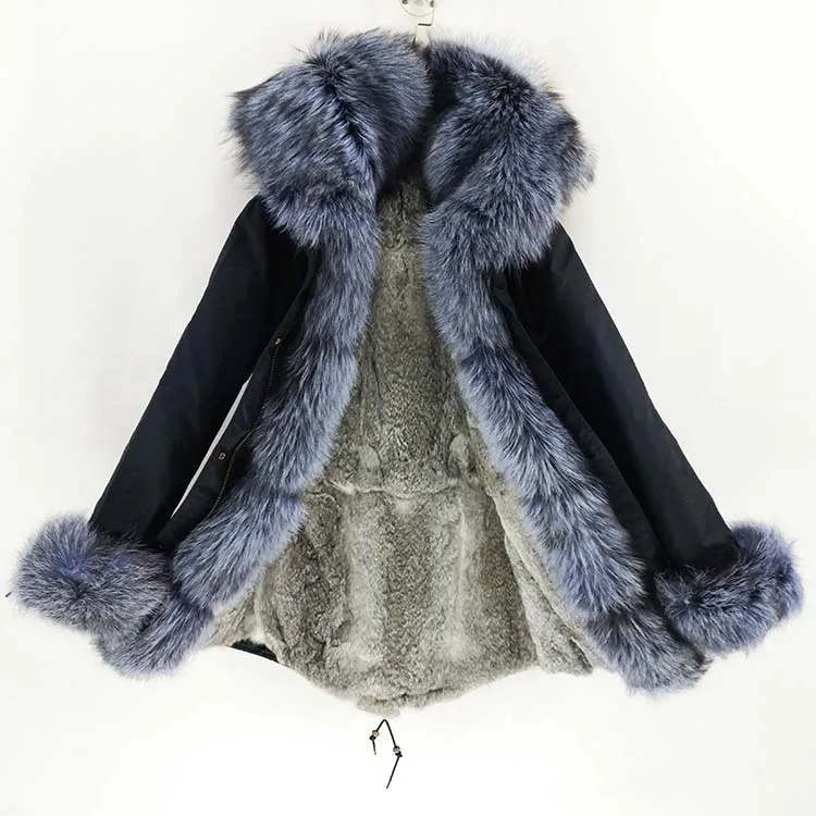 OFTBUY, водонепроницаемая парка, зимняя куртка, Женское пальто с натуральным мехом, большой натуральный мех енота, Воротник из натурального меха кролика, подкладка из толстого теплого меха, Новинка - Цвет: black silver rabbit