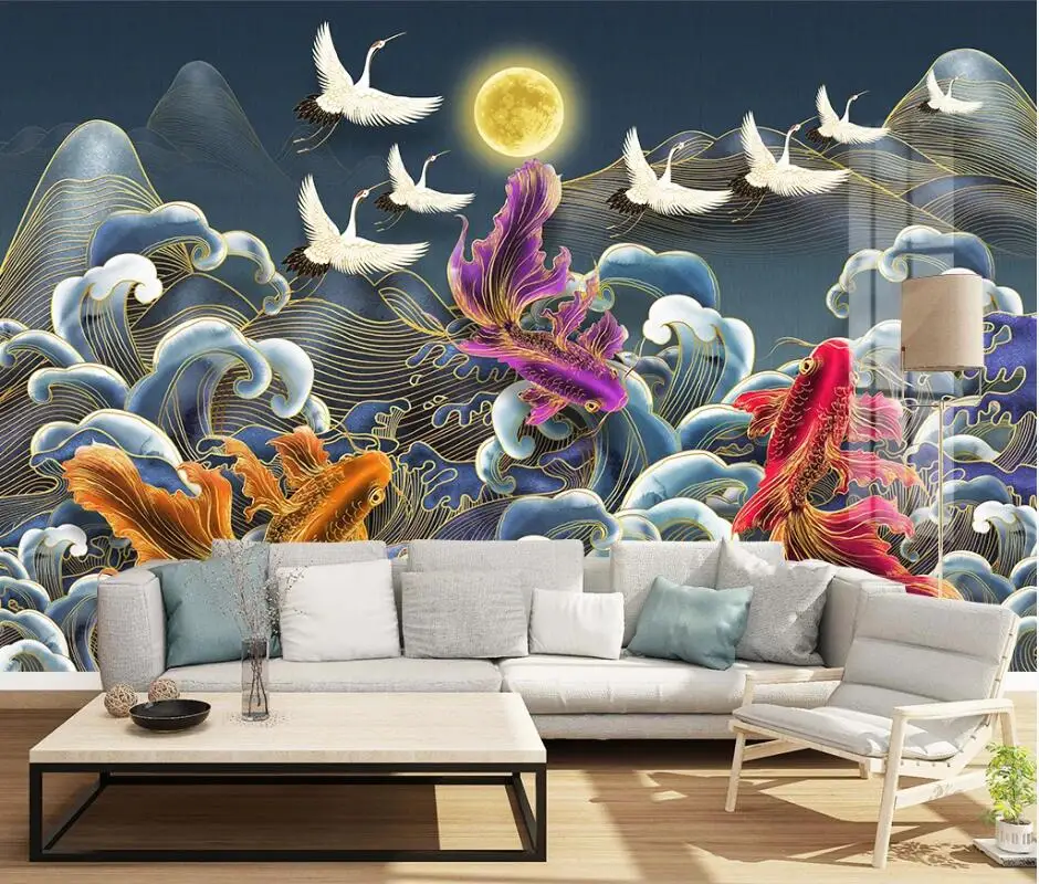 

AINYOOUSEM Chinese koi fairy crane landscape background wall papier peint papel de parede wallpaper 3d wallpaper stickers