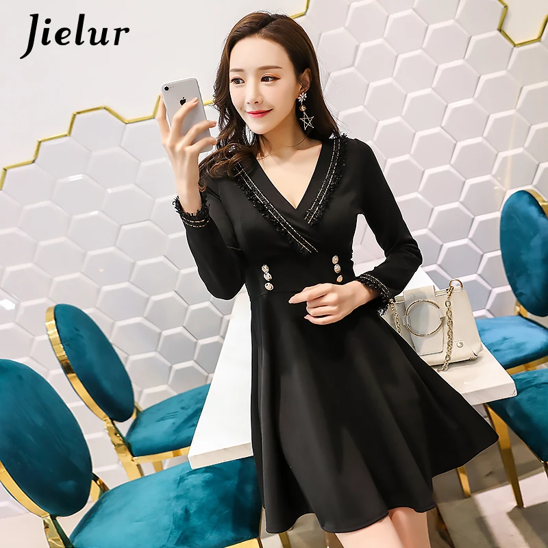 

Jielur Fashion Sexy V Neck Black Dress Women Long Sleeve Robe Femme Ete 2021 Beautiful Slim Elegant Dresses Korean S-XL
