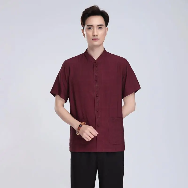 

Mandarin Collar Men Tops Short Sleeve Chinese Traditional Burgundy Male Shirt Vintage Oversize Cotton Linen Kong Fu Clothing