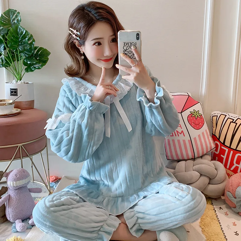 Женская пижама из кораллового бархата комплект одежды для сна фланелевая