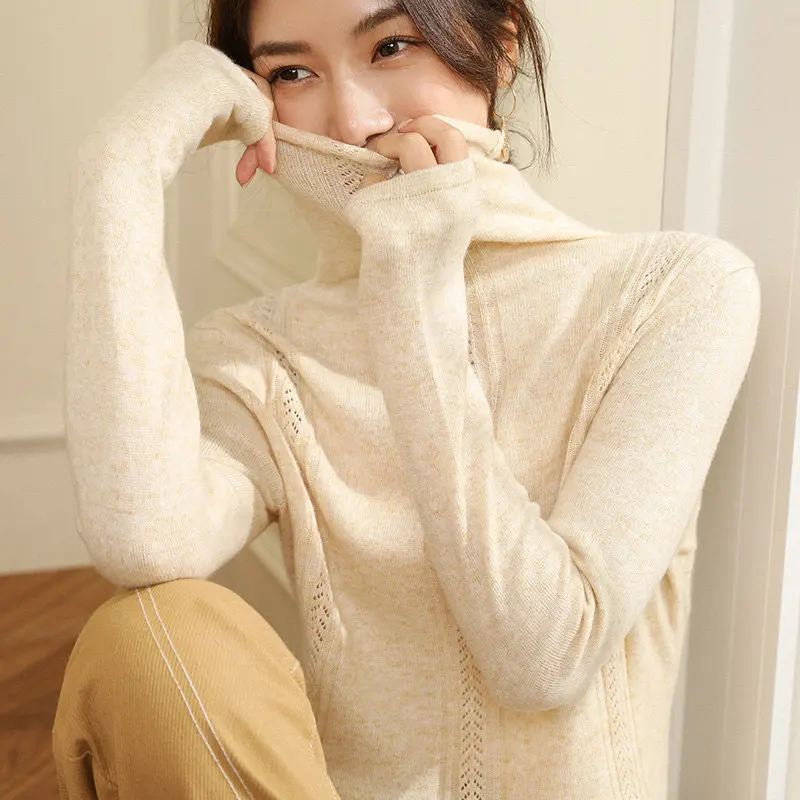 BELIARST Autumn and Winter New Pile of Cashmere Sweater Women's Pullover Sweater Was Thin Hollow Knit Bottoming Sweater - Цвет: Бежевый