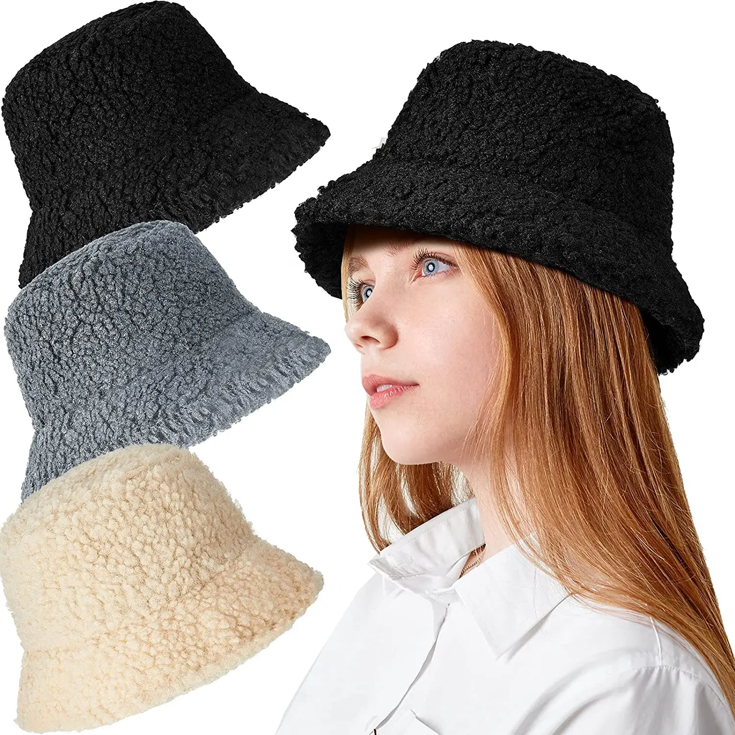 

Winter Lamb Wool Faux Female Hat Fur Warm Female Hat Faux Fur Women's Bucket Hat Outdoor Sun Hat Panama Lady Hat