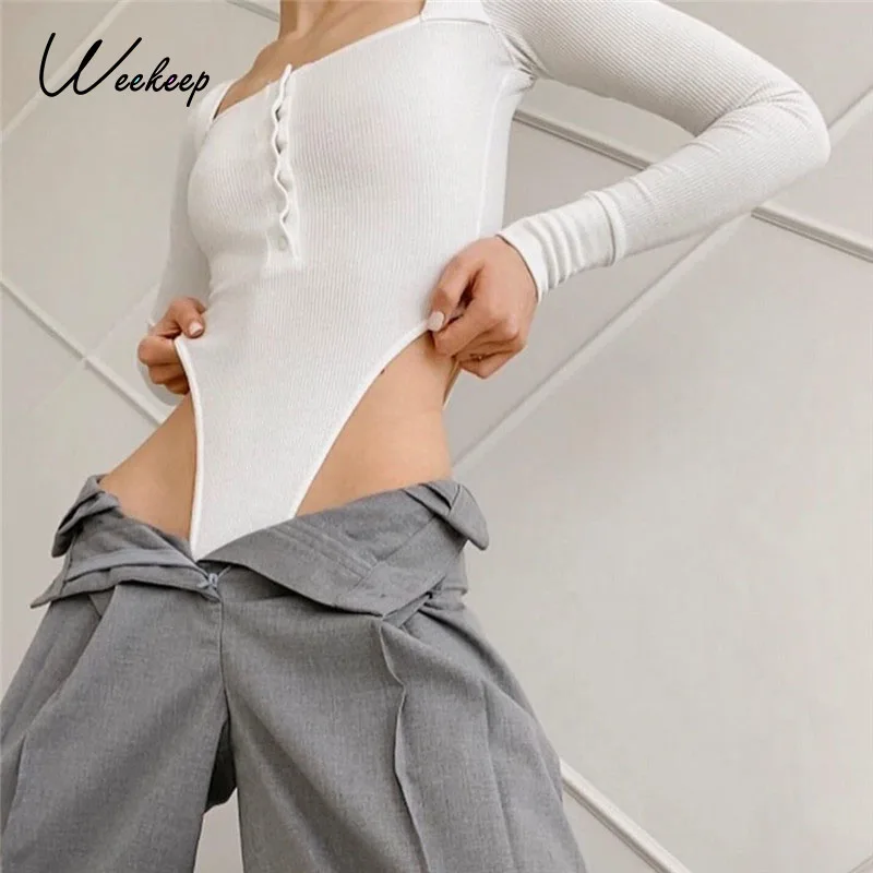 

Weekeep White Solid Autumn Bodysuit Casual Rib Knitted Streetwear Basic Short Jumpsuit Women Buttons Bodycon Body Rompers Street