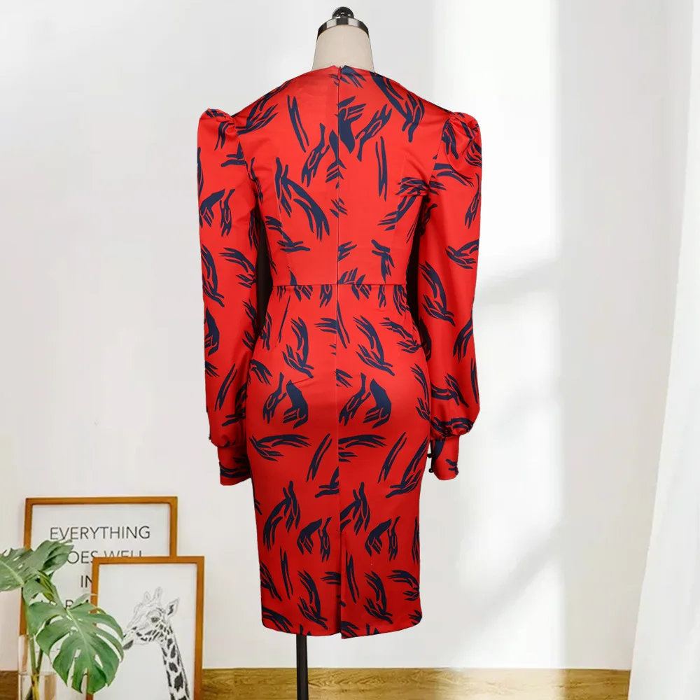 

Women's Dress Sexy Party Plus Size Slim Printed V-neck Long-sleeved High-waist Dresses