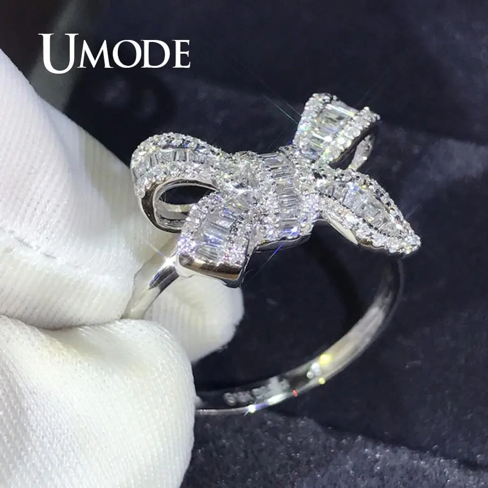 UMODE серебряное классическое кольцо для женщин и девочек, обручальные кольца, корейские ювелирные изделия, простое Кристальное циркониевое кольцо с бантом UR0522