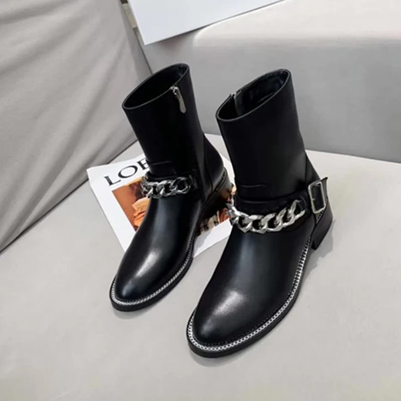 

Mental Chain Women Long Boots Black Genuine Leather Knee High Boots Luxury brand Crystal Women Winter Boots Runway Outfit Flats