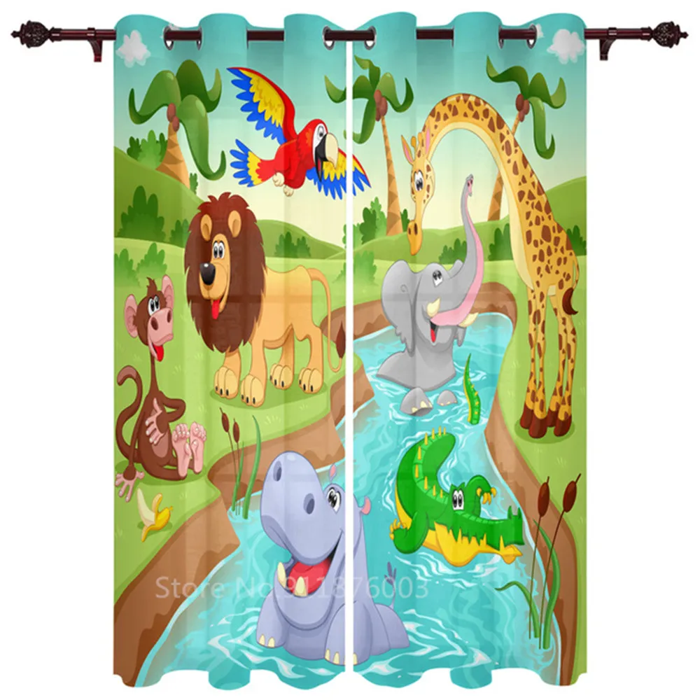 

Bedroom Kitchen Curtain Cartoon Zoo Animals Collection Jungle Child Window Curtains For Living Room Ultra-thin Micro Shading