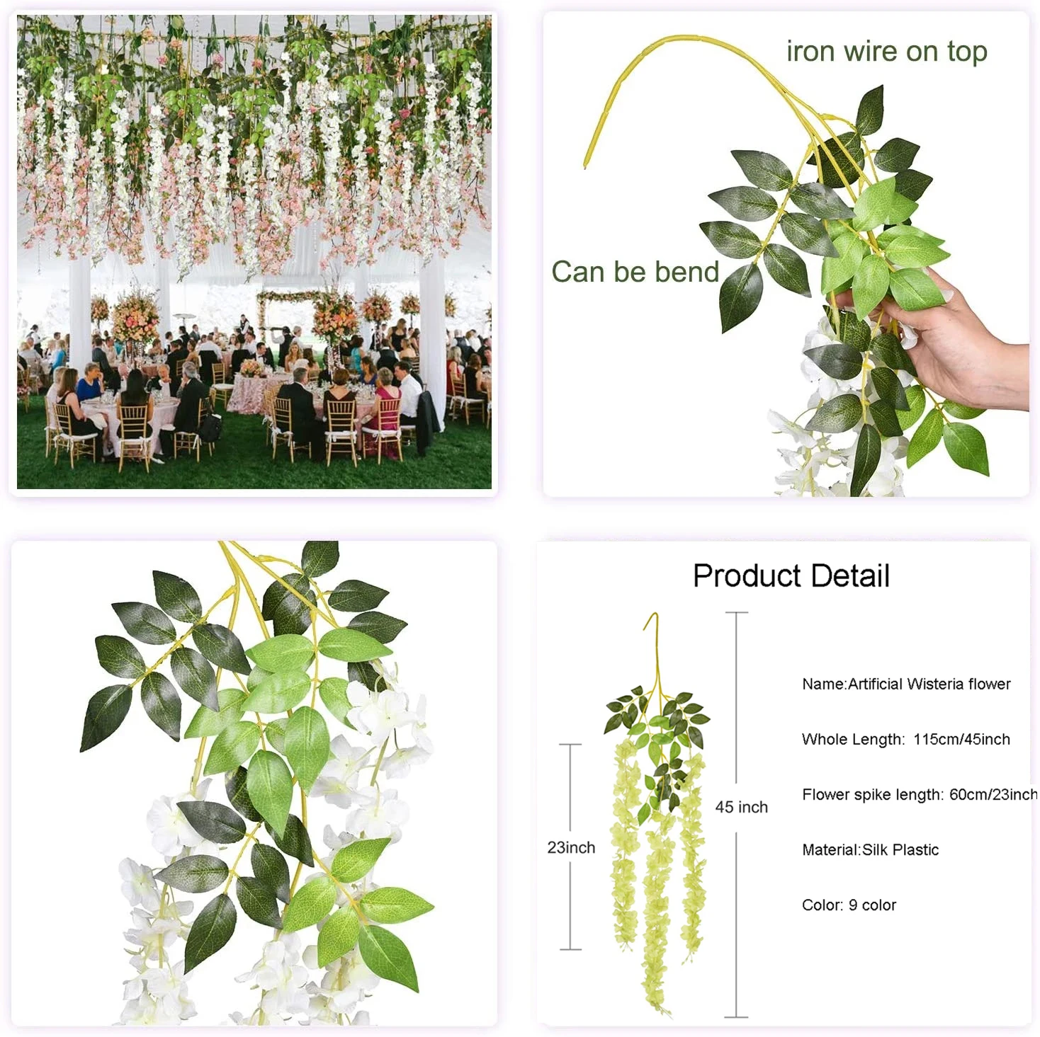 12pcs 45inch artificial wisteria flowers fake wisteria vine ratta hanging garland silk flowers string home party wedding decor free global shipping