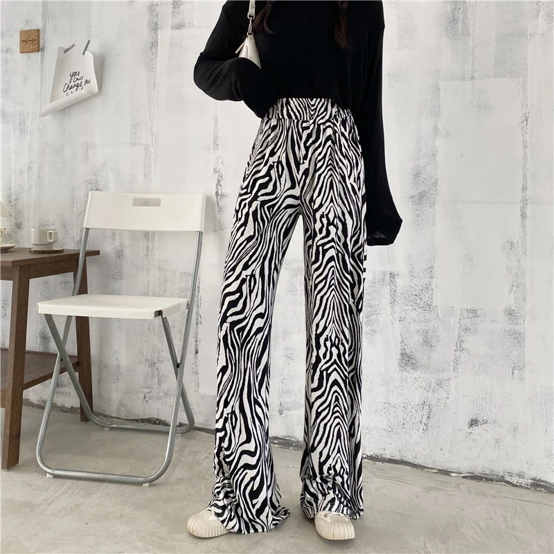 

Vintage Zebra Striped Wide Leg Casual Pants Women Retro Casual Loose High Waist All-match Elastic Waist Straight Pants
