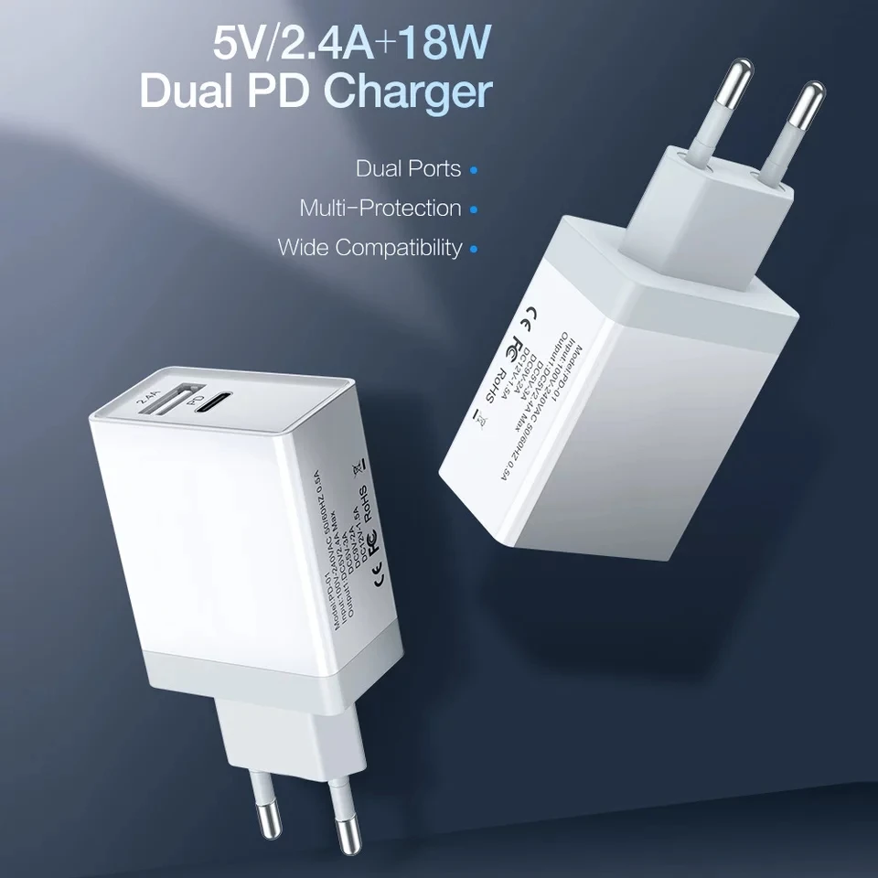 

PD Travel Fast Charger Type C USB Dual Ports for iPhone Samsung Xiaomi QC 3.0 Wall Adapter Phone Fast Charging EU Plug Portable