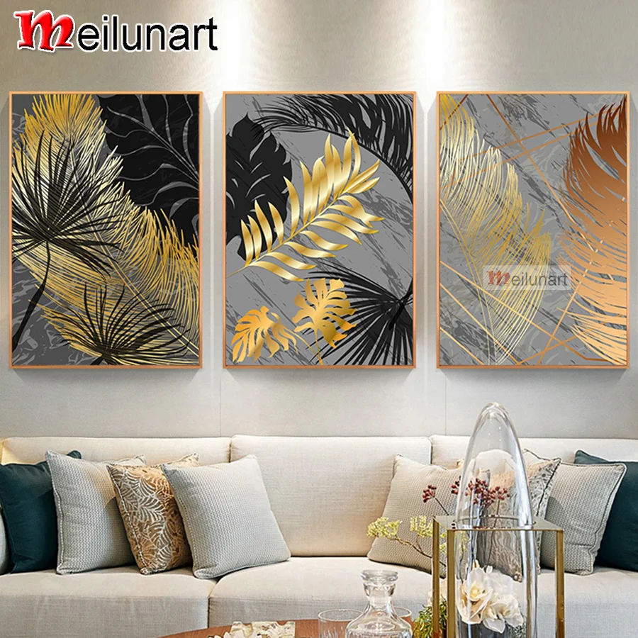 

Набор для алмазной вышивки «сделай сам», абстрактная мозаика с изображением золотых листьев, триптих с квадратными и круглыми стразами, наб...