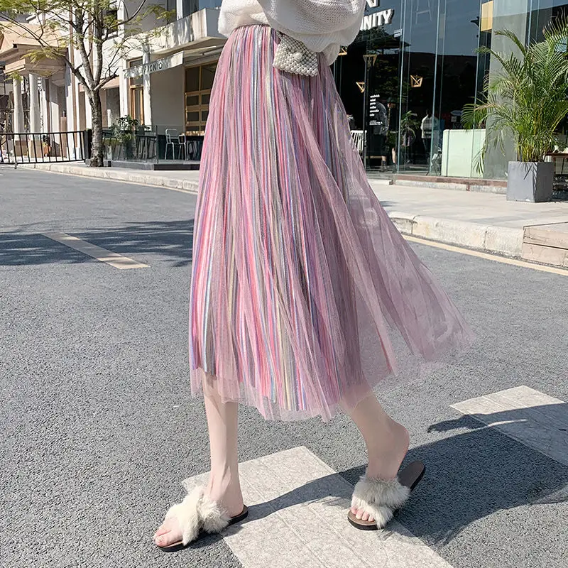 

Women 2021 Summer Colorful Tutu Mesh Skirt Female Elastic High Waist Rainbow Striped Tulle Tutu Midi Skirt Faldas Jupe Femme V95