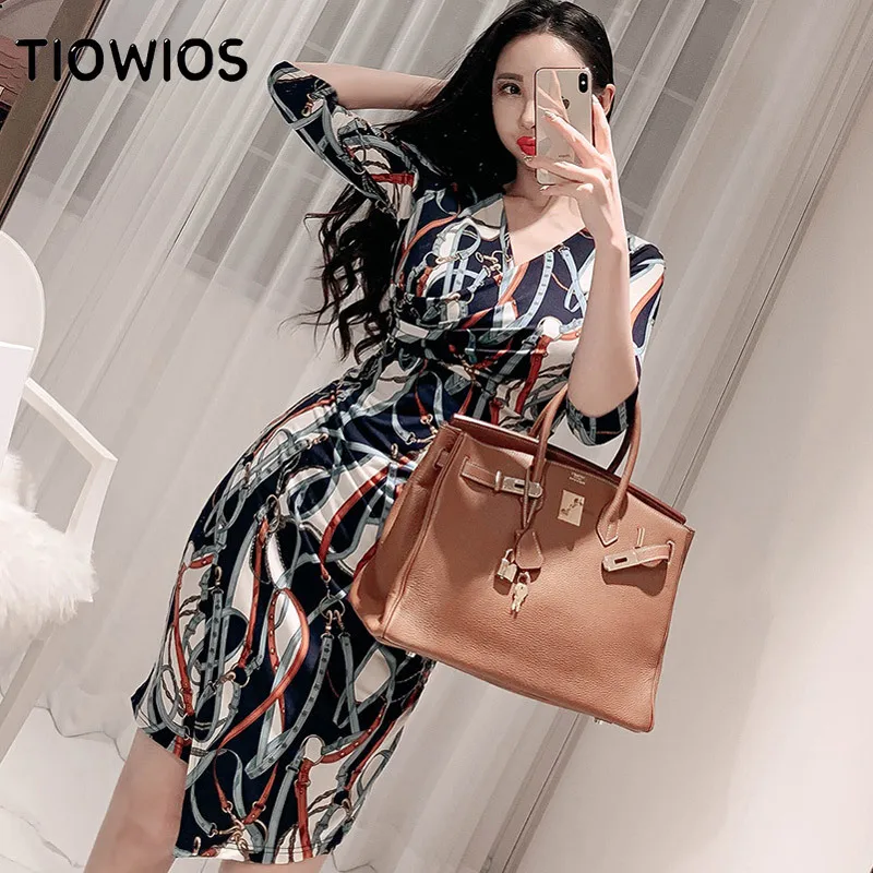 

TIOWIOS 2021 New Woman Summer Korean Ol Temperament Medium And Long V-neck Pleated Slim Fit Hip Print Dress