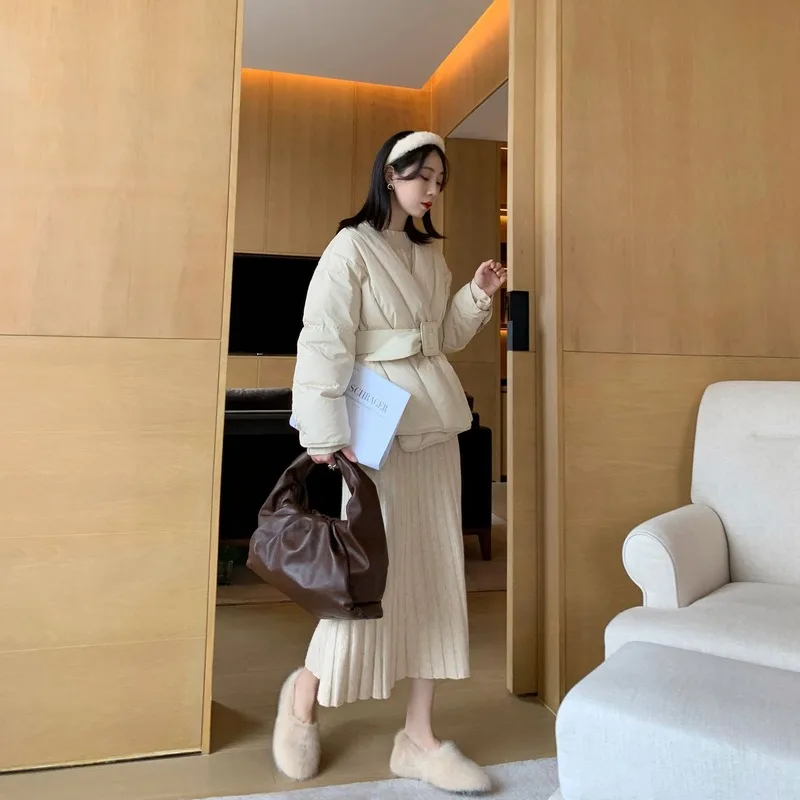 

Женский зимний пуховик, Модная приталенная утепленная куртка на белом утином пуху с поясом, женская уличная Повседневная хлопковая одежда