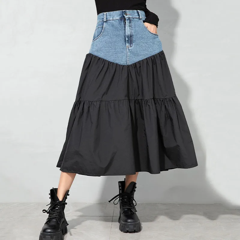 

SeeBeautiful Contrast Color Spliced Denim Loose A-line Half-body Skirt high waist New Fashion Summer 2022 Women G809