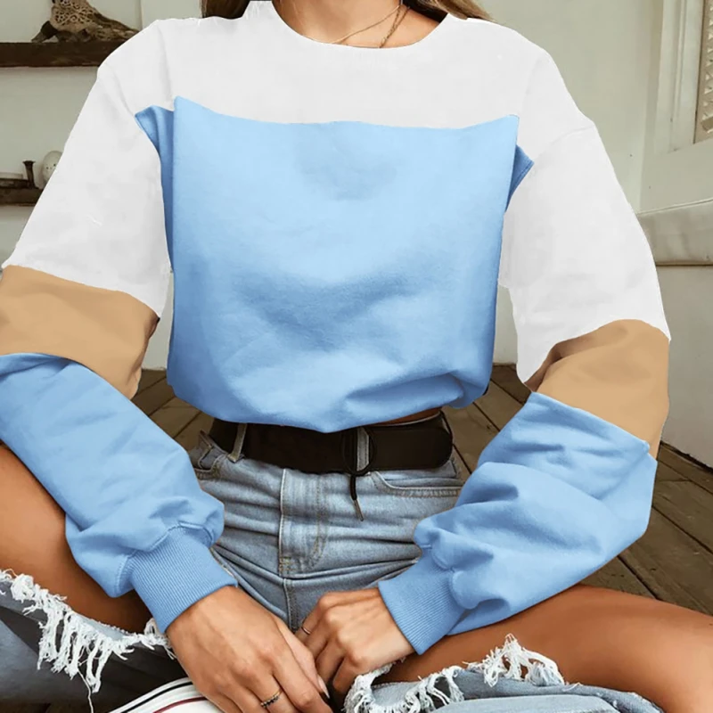 

Autumn Women Causal Pullovers Women Harajuku Fashion Color Block Sweatshirt O-Neck Long Sleeve Ladies Sexy Crop Top