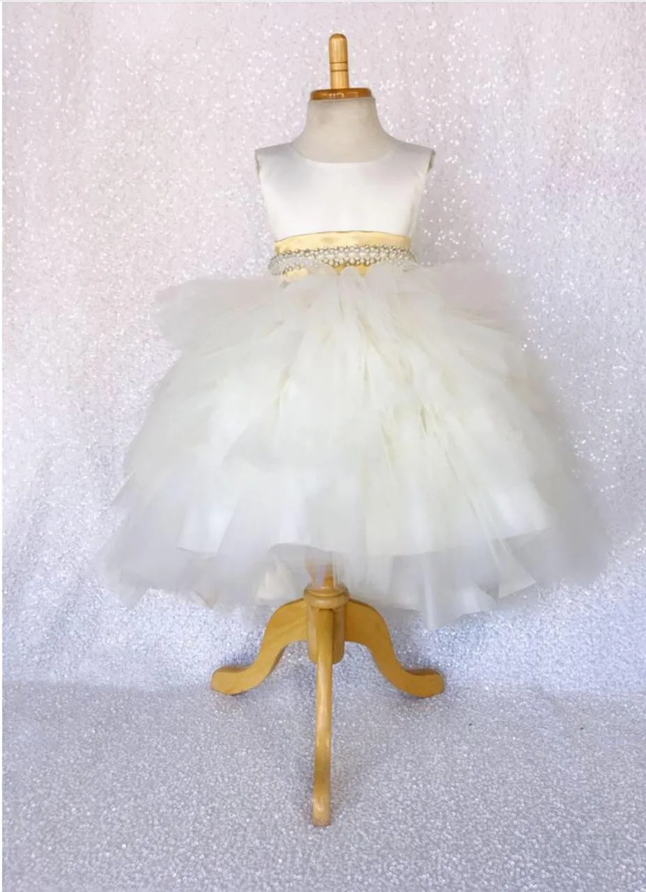Custom Flower Girl Dress for Wedding Puffy Tulle Big Ribbon Pearls Kids Clothes Girls Pageant Gowns Real Pictures | Детская одежда и