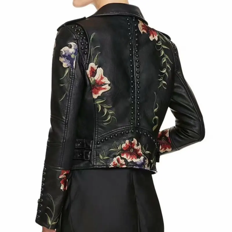 Женская мотоциклетная куртка из искусственной кожи Черная байкерская с