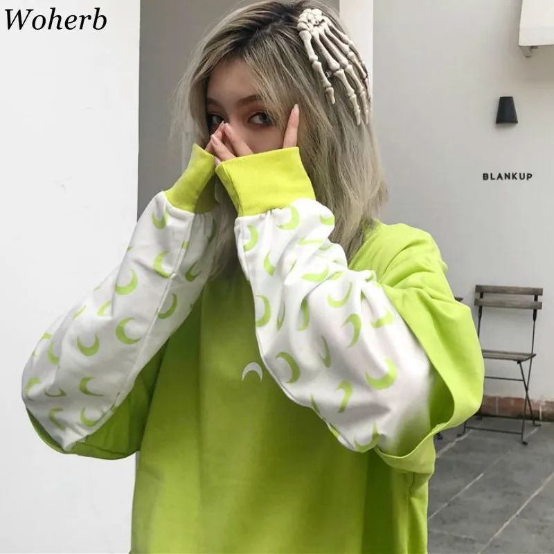 Woherb Fake two pieces Толстовка с принтом Луны из кусков длинным рукавом женские
