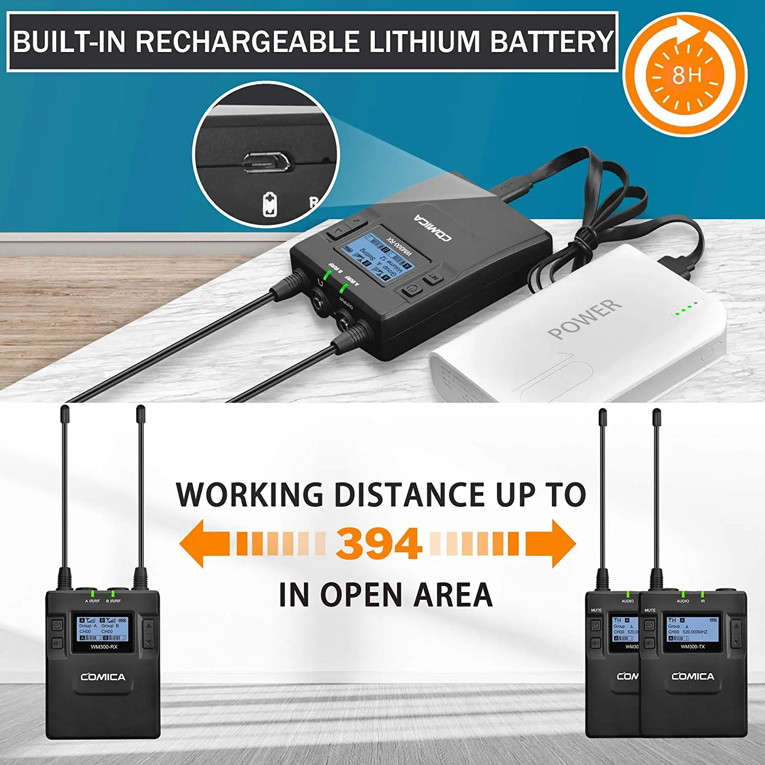 저렴한 Comica-무선 라발리에 마이크 시스템 UHF 96 채널 아연 합금 충전식 듀얼 무선 마이크 2TX + 1RX, UHF 96 채널, 2TX + 1RX