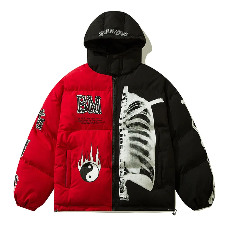 Mens Winter Parka Jacket Yin Yang Skeleton Print Streetwear Outwear Harajuku Padded Jacket Hooded Loose Warm Coat Unisex 2022