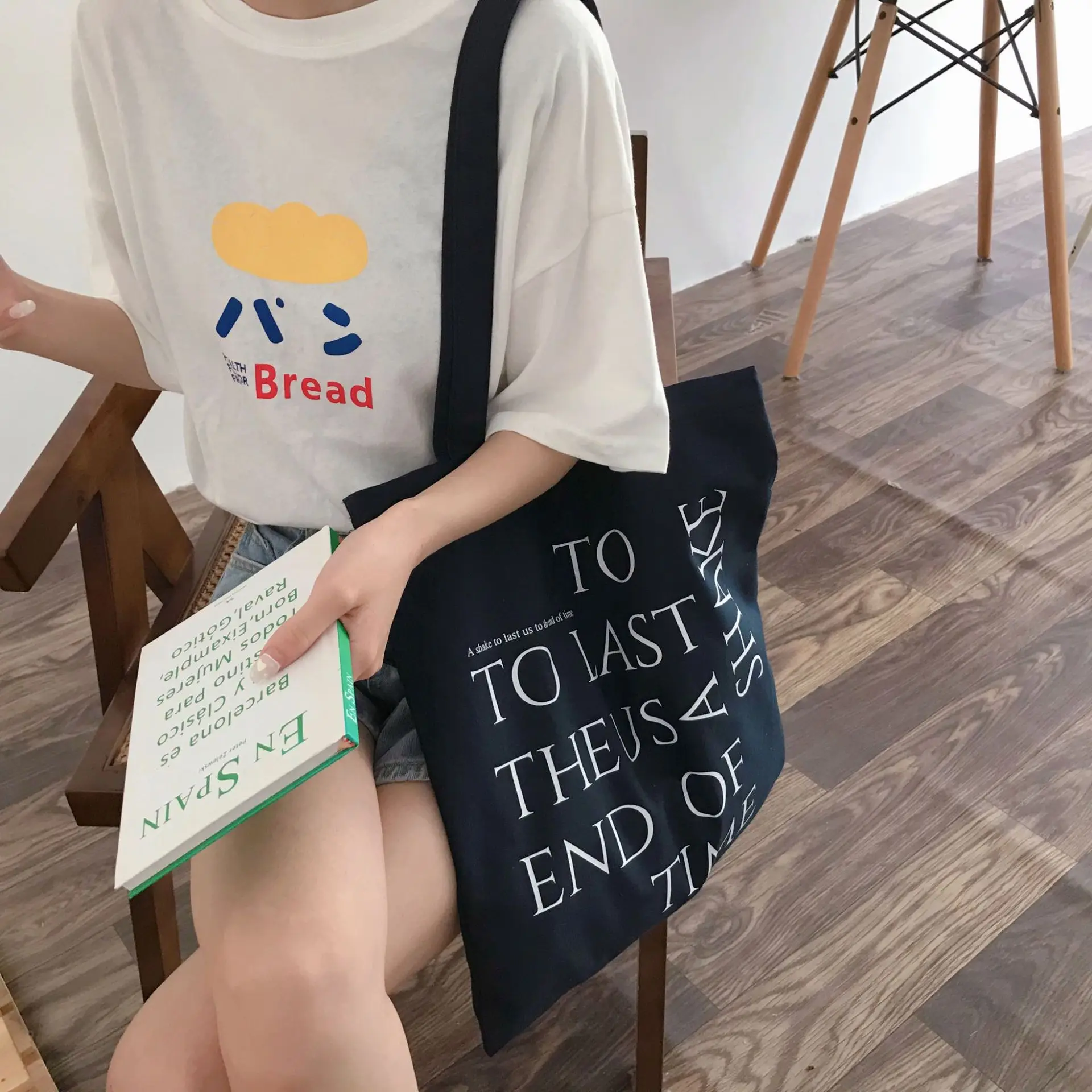 

Dark Blue Letters Canvas Shoulder Bag for Women 2022 New Ladies Shopping Bags Cotton Cloth Fabric Tote Books Bag Girls Handbags