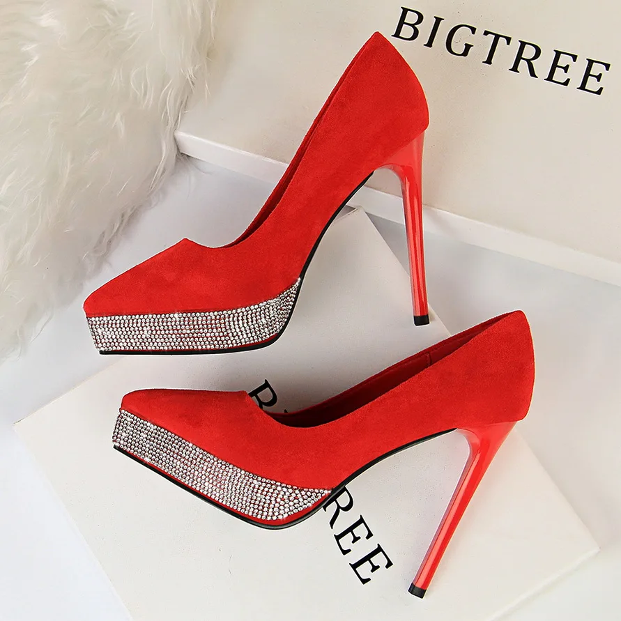 

2020 Women Stripper Extreme 12cm High Heels Suede Luxury Platform Pumps Lady Scarpins Yellow red Heels Sexy Crystal Fetish Shoes