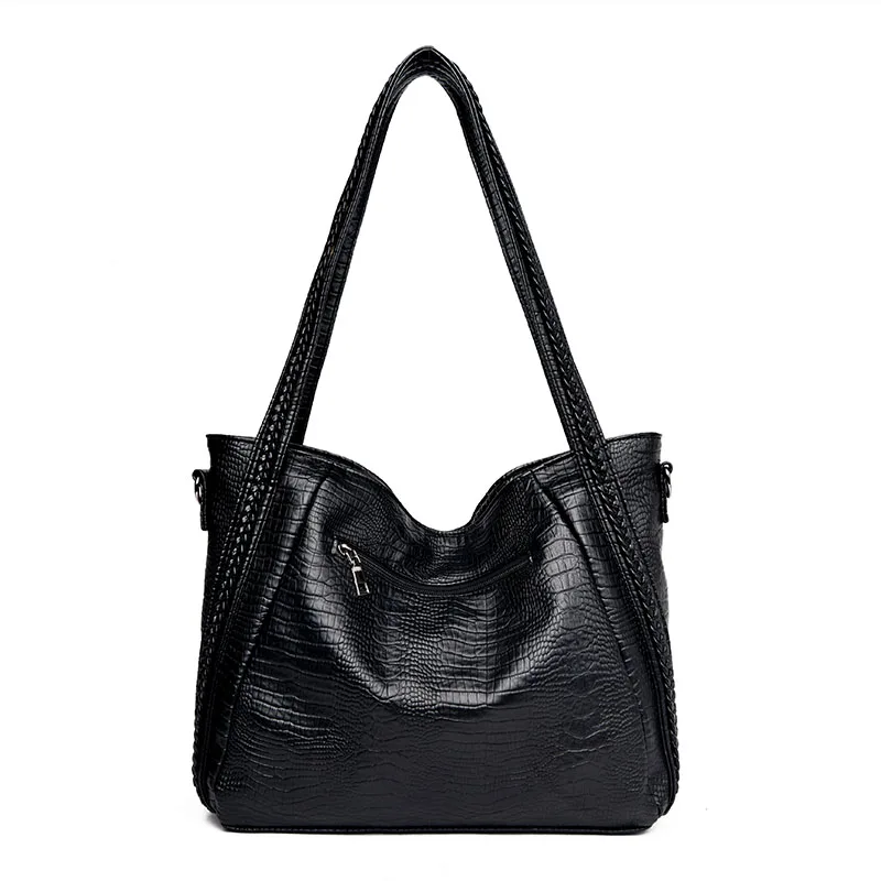 Женская вместительная сумка через плечо однотонная Черная Сумка тоут с узором