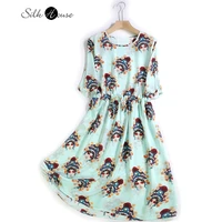 2021 womens fashion summer real silk mulberry silk literary mask printed a line skirt middle sleeve dress