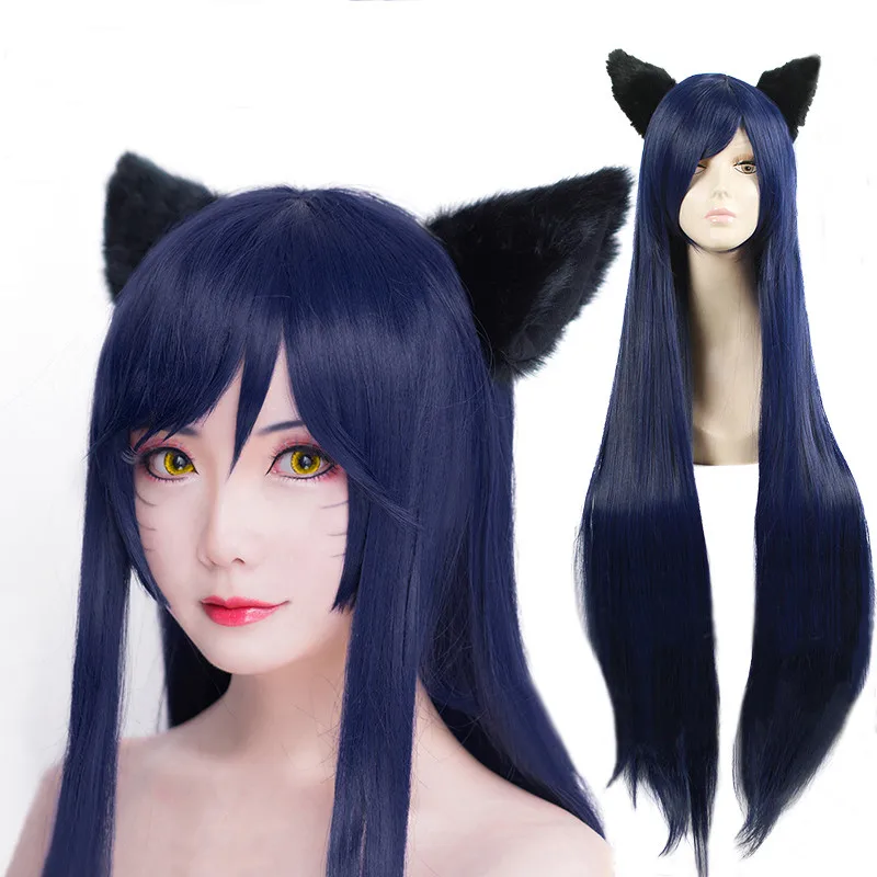 Game LOL Ahri 100cm Long Dark Blue Wig The Nine-Tailed Fox Women Heat Resistant Hair Cosplay Costume Wigs + Ears