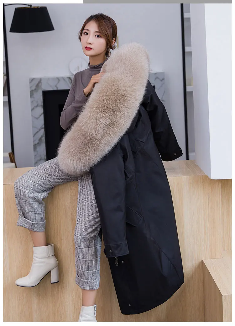 Fashion Women's Rabbit Fur Lining Hooded Maxi Long Coat Parkas Outwear Real Large Fox Fur Collar Female Winter Jacket DHL XXXL