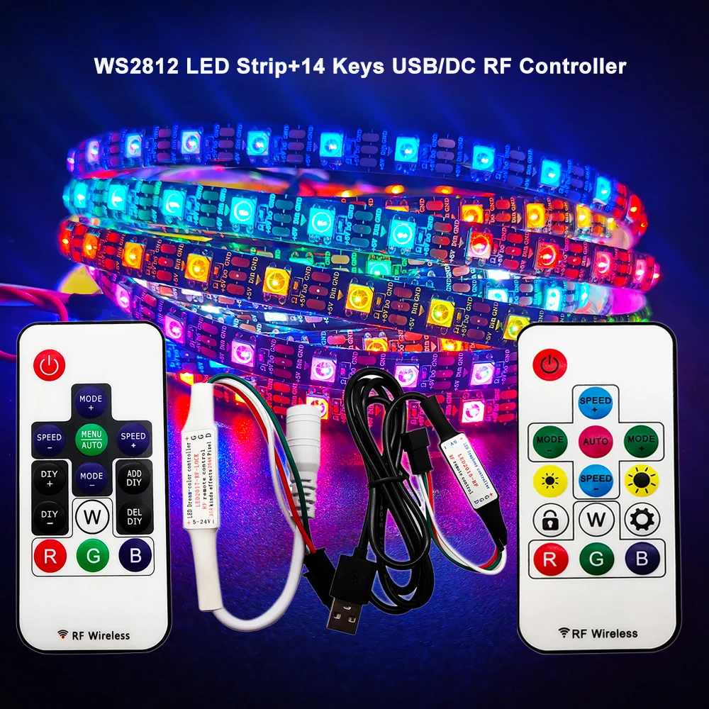 

DC5V WS2812b RGB Led Strip lndividuaIIy AddressabIe PixeI Tape With 14Key RF Remote ControIIer Waterproof IP65 30/60Ied