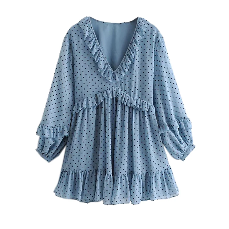 Женское синее мини платье в горошек плиссированное с v образным вырезом и