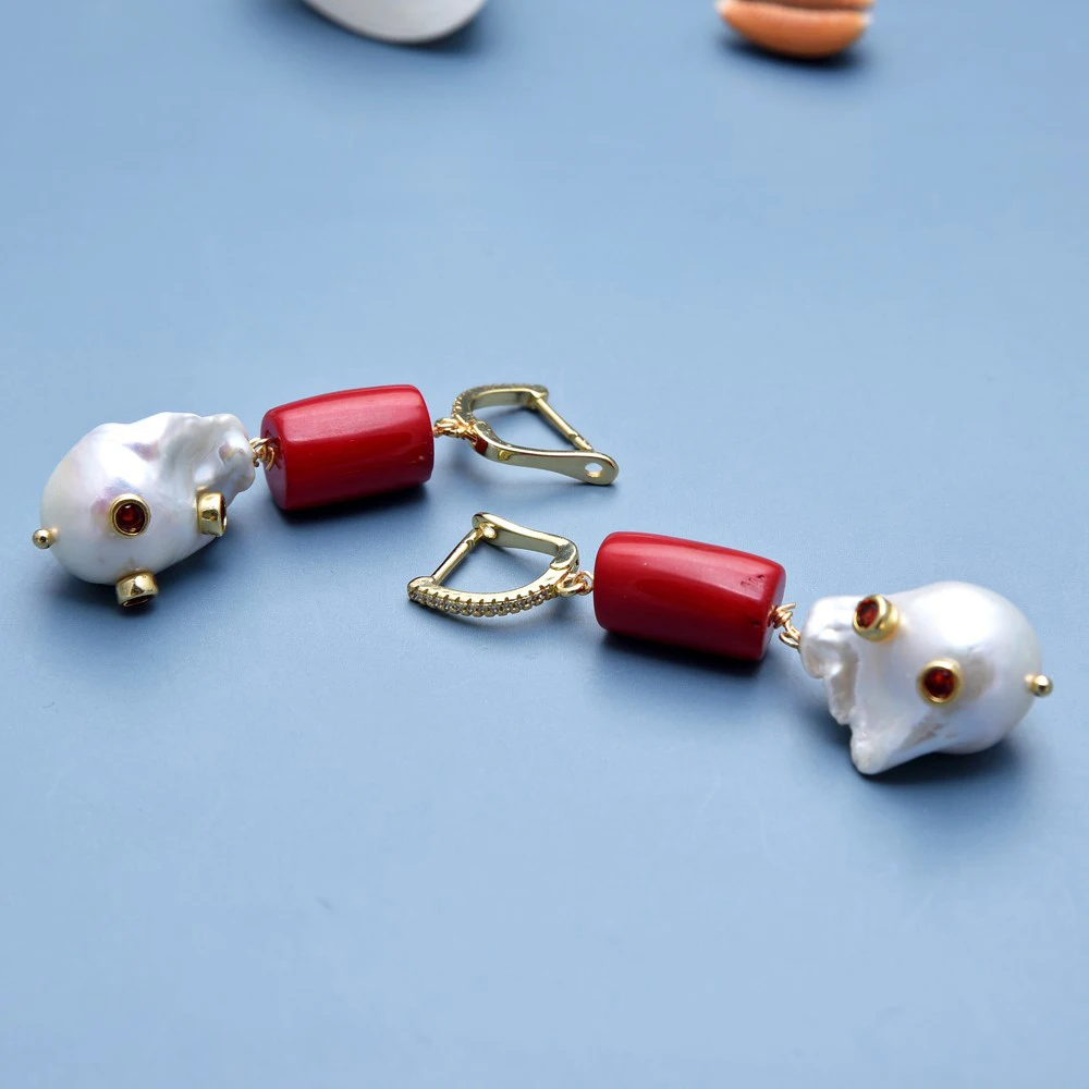 Freshwater Cultured White Keshi Pearl Red Coral Dangle CZ Pave Hook Earrings Women Jewelry